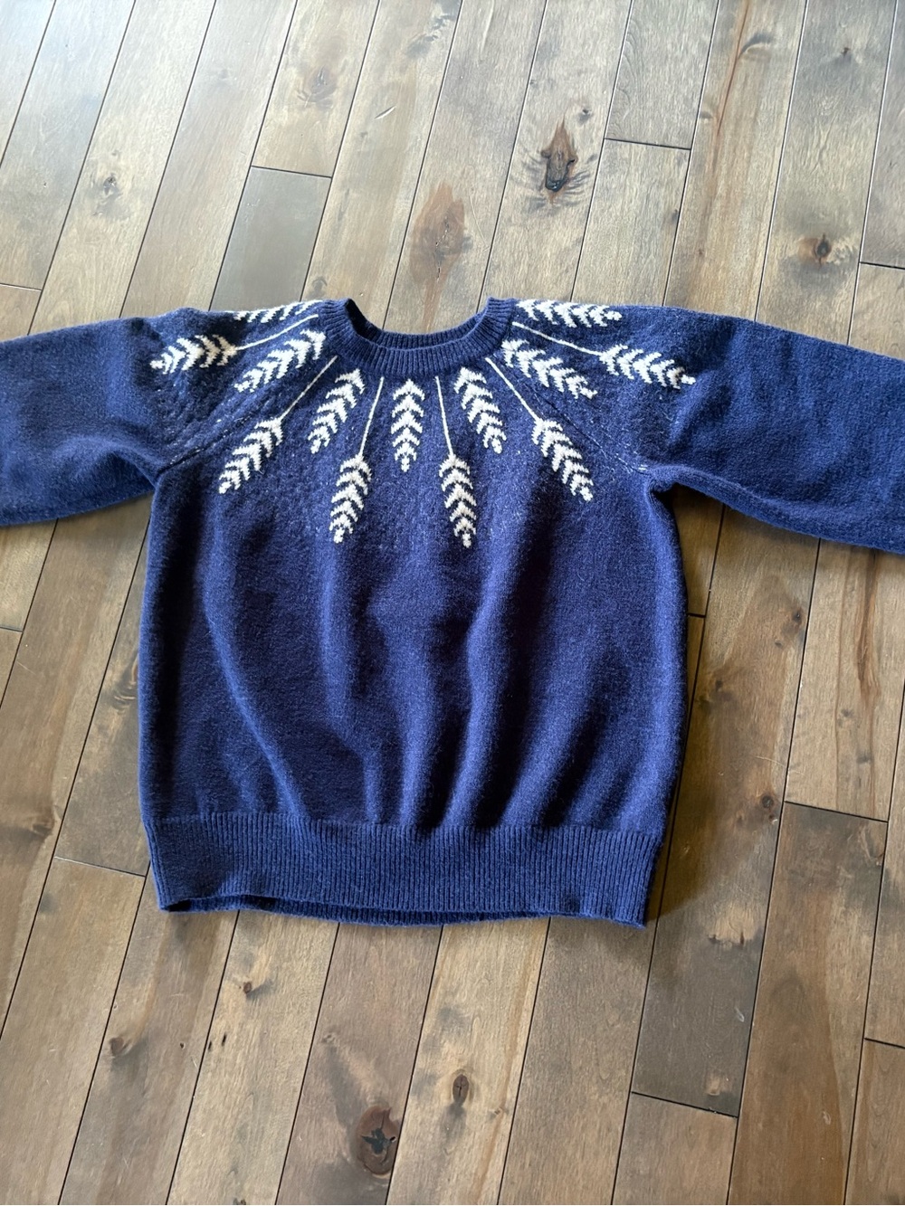 Navy Blue Fuzzy Knit Sweater – Cream Botanical Leaf Pattern – Size L